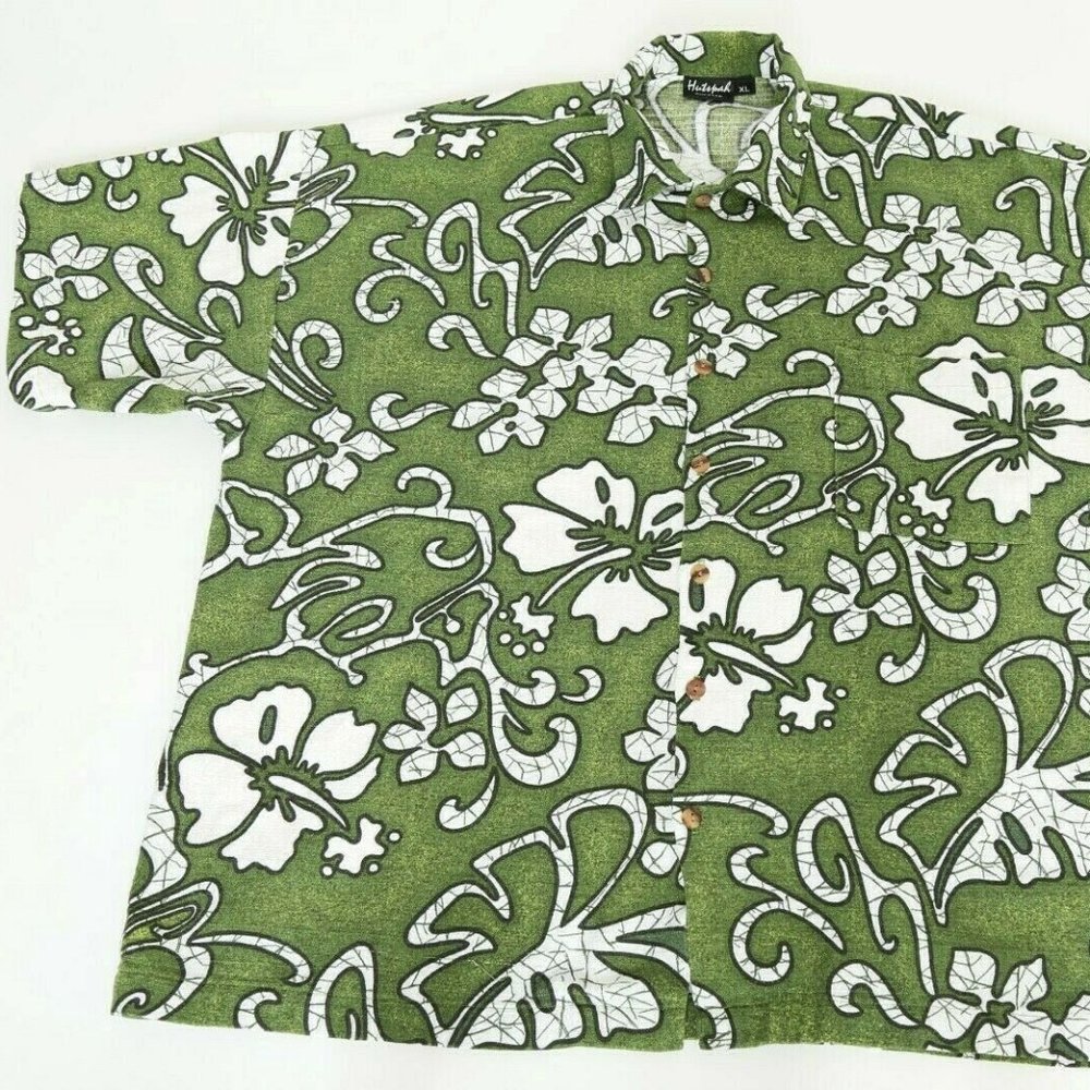 Vintage 80's Hutspah Green Floral Hawaiian Aloha S